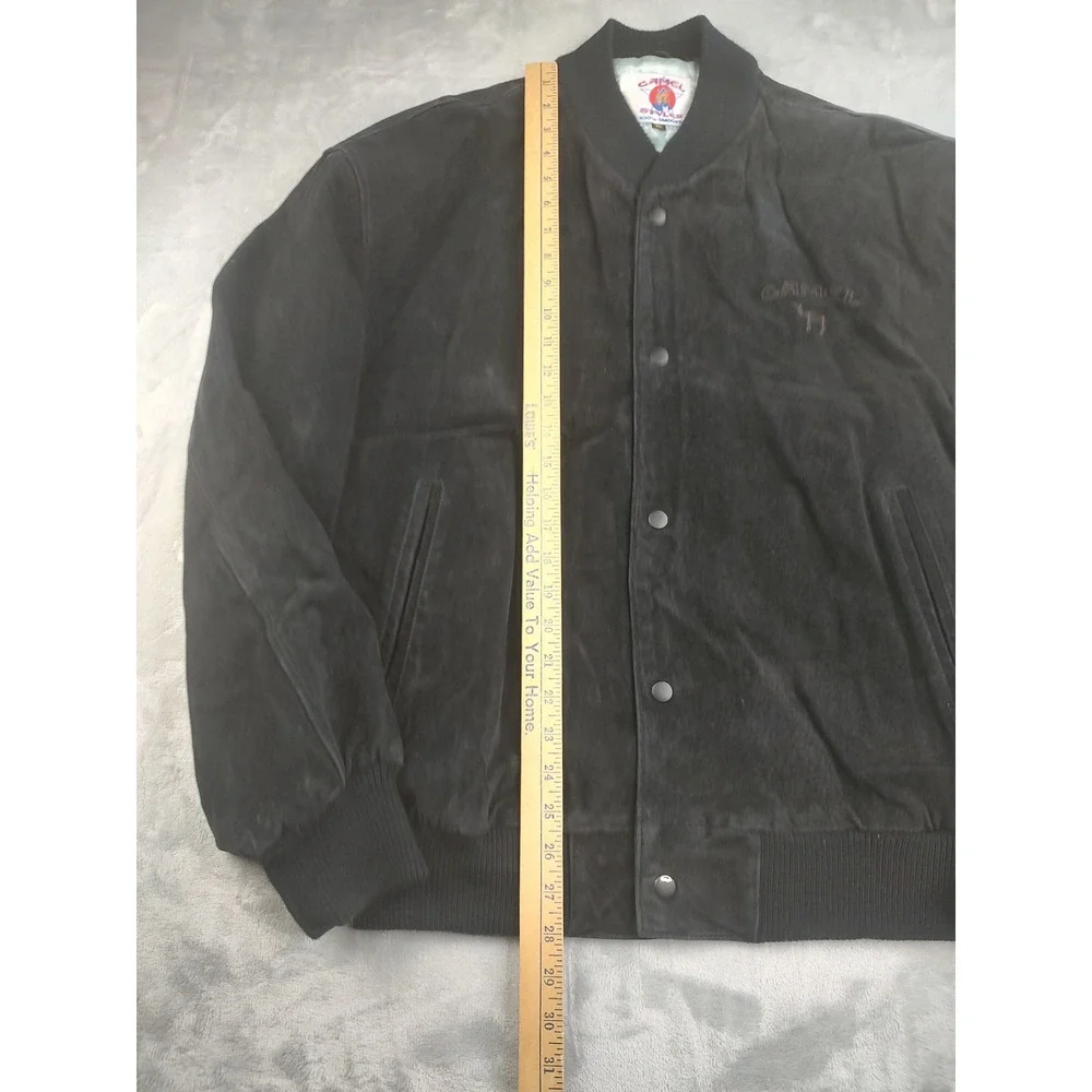 Camel Styles Leather Bomber Jacket Mens‎ XL Black Suede Baseball Varsity